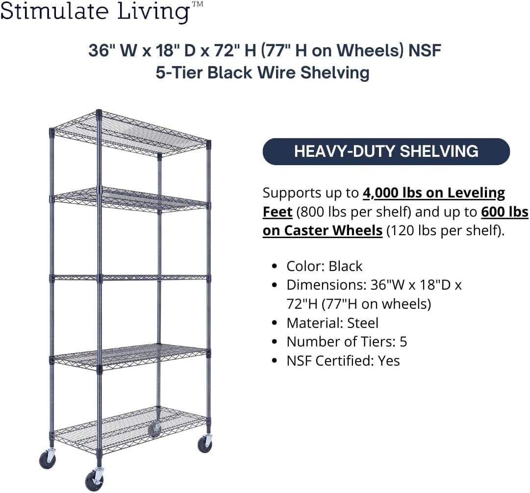36"x18"x72" Prime Heavy Duty Black 5-Tier Wire Shelving NSF 4000 LBS MAX Capacity Storage Rack for Commercial, Hospital, School, Garage, and Kitchen Uses (with Wheels)
