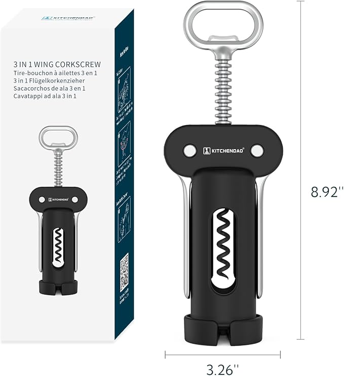 KITCHENDAO 3 in 1 Wing Corkscrew Wine Bottle Opener with Foil Cutter, Built-in Beer Bottle Opener, Multifunctional Wine Opener with Non-Stick Sharp Screw,Easy to Use, Manual Wine Corkscrew，Black