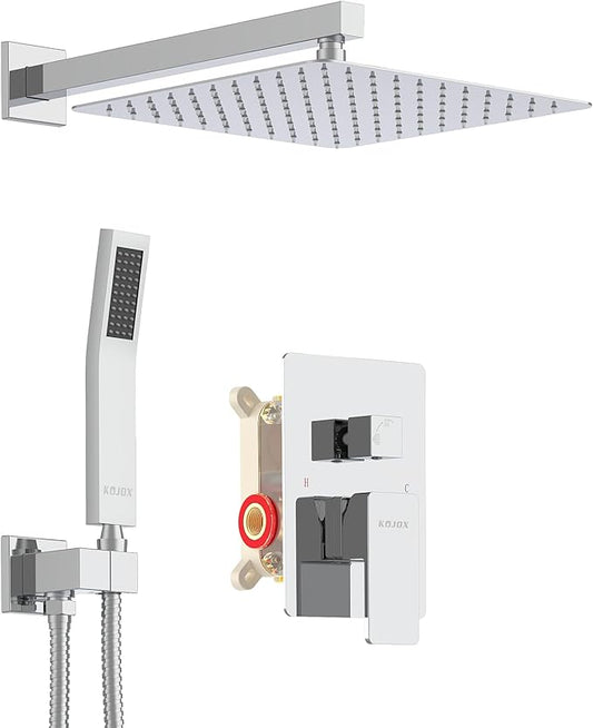 KOJOX Shower System with High Pressure 12 Inch Rainfall Shower Head, Handheld Shower head and Shower Faucet Trim, Rain Mixer Shower Set Wall Mounted Chrome（Valve Include）