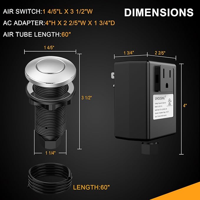 Garbage Disposal Air Switch Kit - UL Certified Sink Top Switch with Long 3.5" Brass Button by UHOUSING, Complete All-in-One Kit for All Disposals (Chrome)