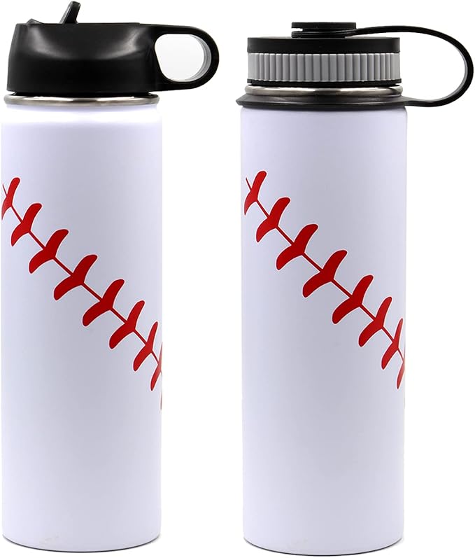 22 oz Baseball Water Bottle, Flask Sports with 2 Lids Double Wall Vacuum Insulated Stainless Steel Wide Mouth Hot & Cold Thermo Mug (22oz, White baseball)