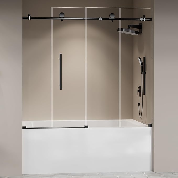 56"-60" W X 59" H Frameless Glass Sliding Tub Door,Soft-Close Bathroom Tub with 5/16"(8mm) Clear Tempered Glass,Explosion-Proof Film,Thick Bathtub Doors,Endurance,Modern Shower Door,Black