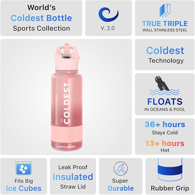 Coldest Sports Water Bottle with Straw Lid Vacuum Insulated Stainless Steel Metal Thermos Bottles Reusable Leak Proof Flask for Sports Gym (32 oz, Bellatrix Pink)