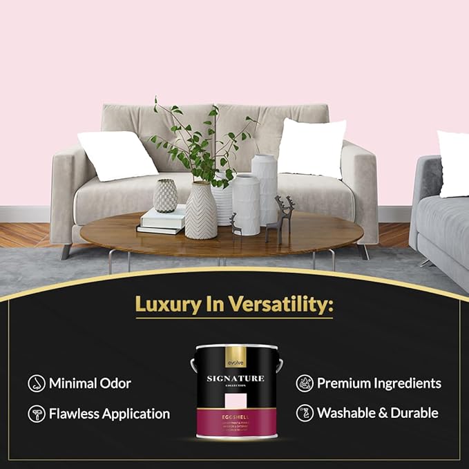 EVOLVE Signature Paint & Primer: Luxury Paint & Primer for Indoor & Outdoor Surfaces, Minimal Odor, Eggshell Sheen (Petal Pink, 1 Gallon)