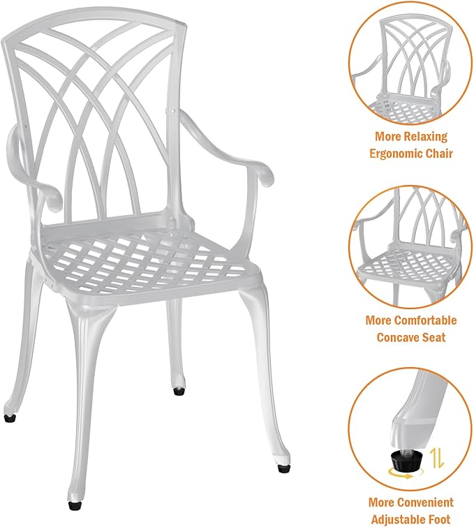 Patio Bistro Set 3 Piece, Cast Aluminum Bistro Set for 2 w/Umbrella Hole, Outdoor Table and Chairs Set of 2, Bistro Set for Balcony/Backyard/Garden, White
