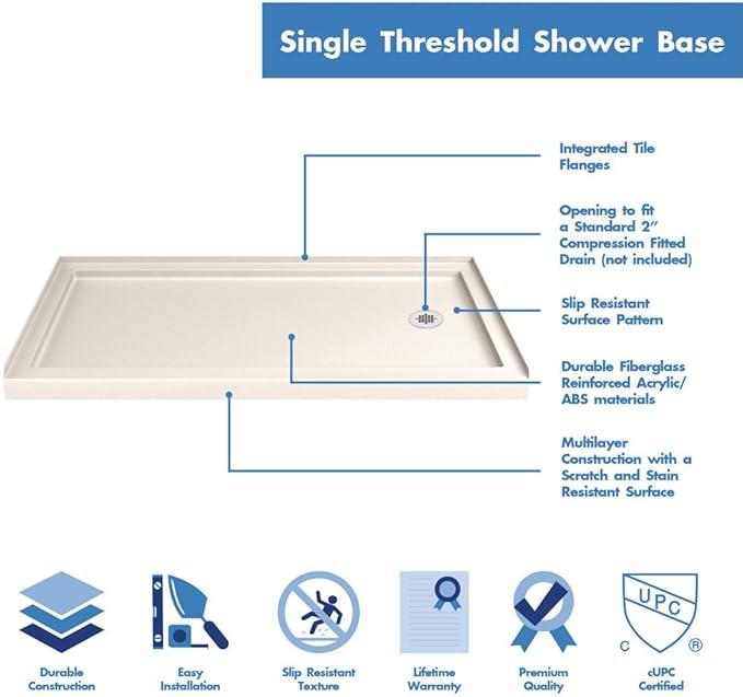 DreamLine SlimLine 34 in. D x 60 in. W x 2 3/4 in. H Right Drain Single Threshold Shower Base in Biscuit, DLT-1134602-22