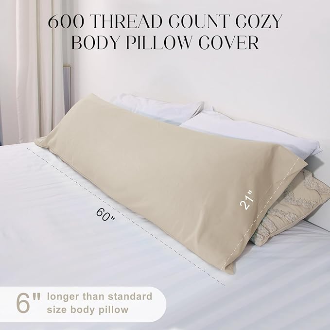 Soft Body Pillow Covers Pillowcases 60 x 21 Inch, WINKAURA Long Pillow Cover for Bed Fits 54x20 Pillow, Envelope Closure, Stylish Wrinkle and Stain Resistant,Khaki