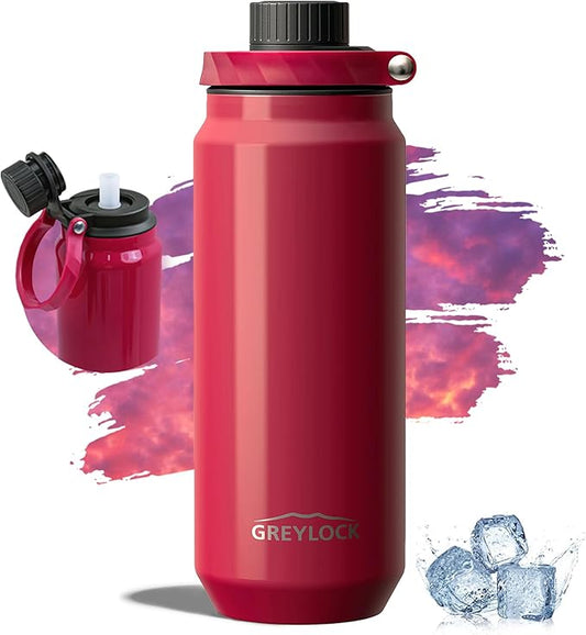 Greylock 20 oz Insulated Stainless Steel Water Bottle with Straw Lid- BPA-Free Leak Proof When Closed, Reusable Metal Water Bottle with Carry Handle for Travel Camping, 24 Hours Cold (Raspberryridge)