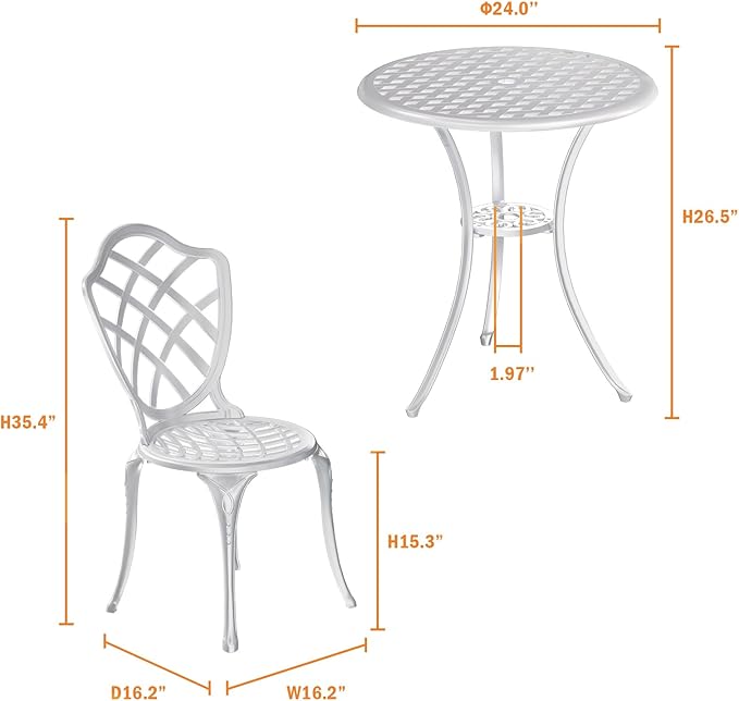 3 Piece Patio Bistro Set, Outdoor Bistro Table and Chairs Set of 2 w/Umbrella Hole, Rust-Resistant Cast Aluminum Bistro Set for Garden/Balcony/Backyard, White
