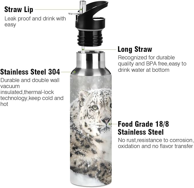 senya 34 Oz Water Bottle with Straw Snow Leopard Stainless Steel Water Bottle for Traveling Sports Leakproof Insulated Water Bottle