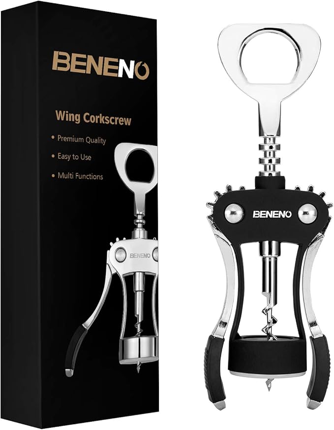 Wine Opener, Zinc Alloy Premium Wing Corkscrew Wine Bottle Opener with Multifunctional Bottles Opener, Sharp Corkscrew with Ergonomic Non-slip Wing Handle, Upgrade Black