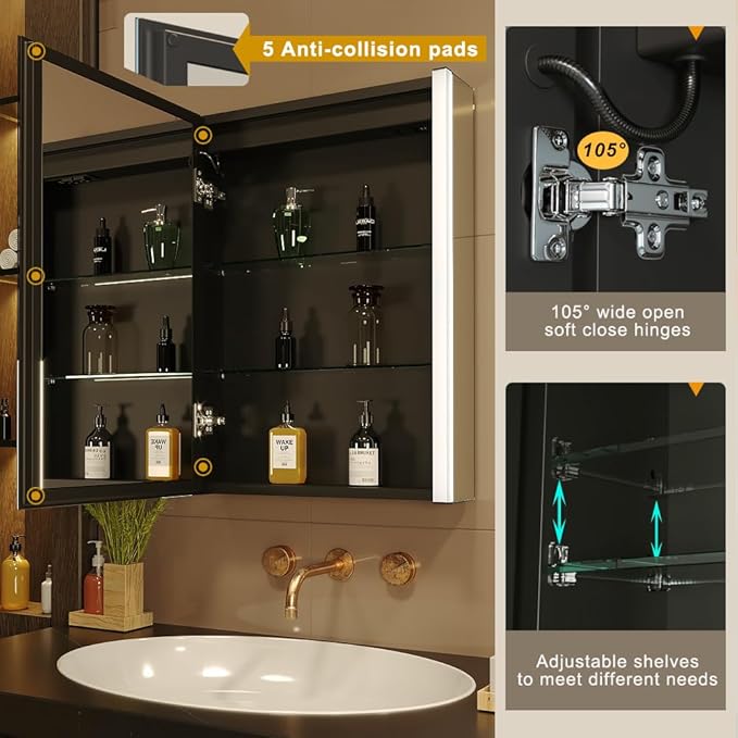 KWW LED Lighted Bathroom Medicine Cabinet with Sockets & USBs, Defogger, Dimmable, 3 Color Light Makeup Mirror, Easy to Install, Wall Mounted Cabinet (21.5 * 28)