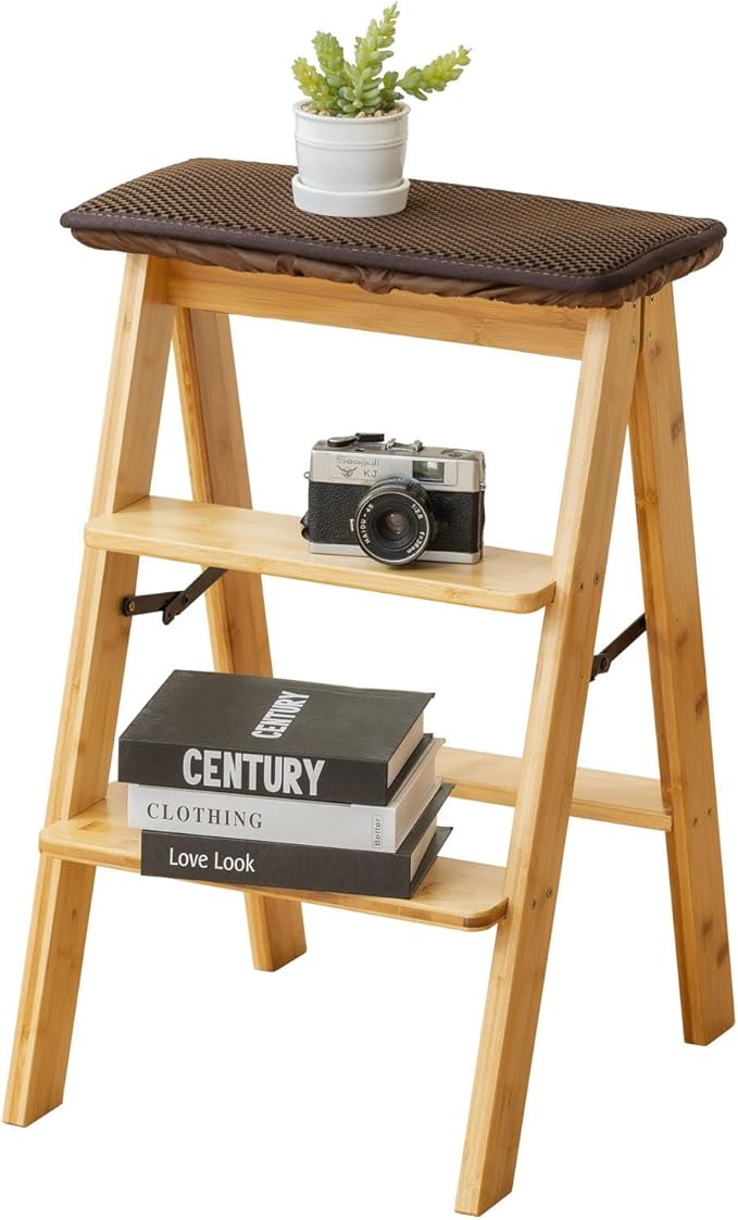 Latifolia Foldable 3 Step Ladder, Bamboo Step Stool with Floor Saver, Decorative Ladder Shelf for Living Room, Kitchen, Garden(Nature)