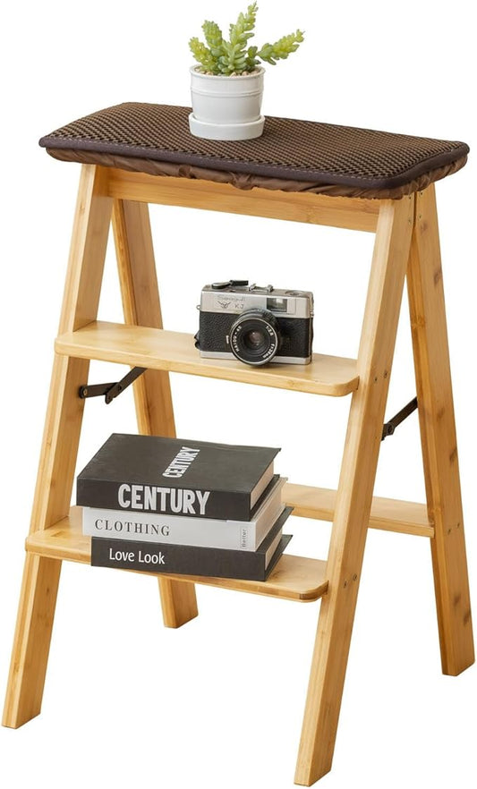Latifolia Foldable 3 Step Ladder, Bamboo Step Stool with Floor Saver, Decorative Ladder Shelf for Living Room, Kitchen, Garden(Nature)