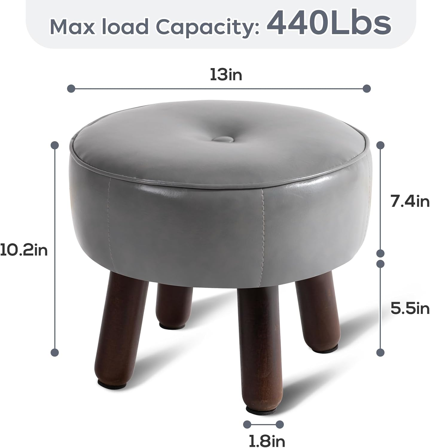 Ottoman, Small Foot Stool, Round Leather Pouf Ottoman, 13''L x 13''W x 10.2''H Foot Rest with Non-Skid Rubber Legs for Living Room Bedroom Couch Entryway, Grey