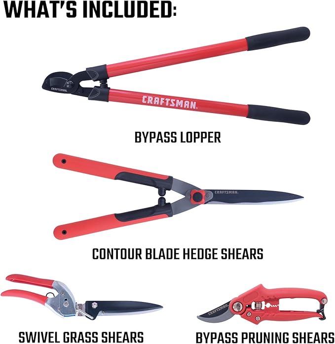 CRAFTSMAN 4-Piece Pruning Tools Set with Bypass Pruner, Bypass Lopper, Wavy Blade Hedge Shears & Swivel Blade Grass Shears