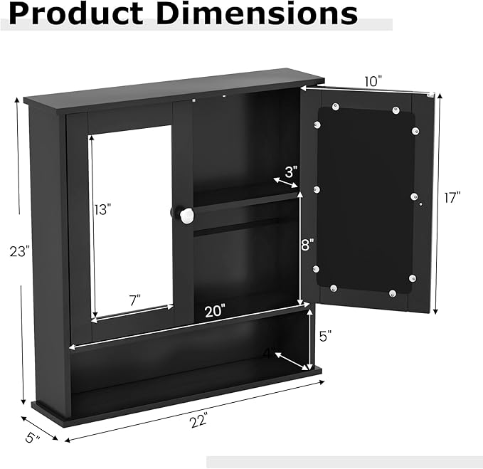 Tangkula Bathroom Medicine Cabinet with Mirror, Wall Mounted Wooden Hanging Organizer with Doors and Shelves, Bathroom Wall Mirror Cabinet (Mirror Doors, Black)