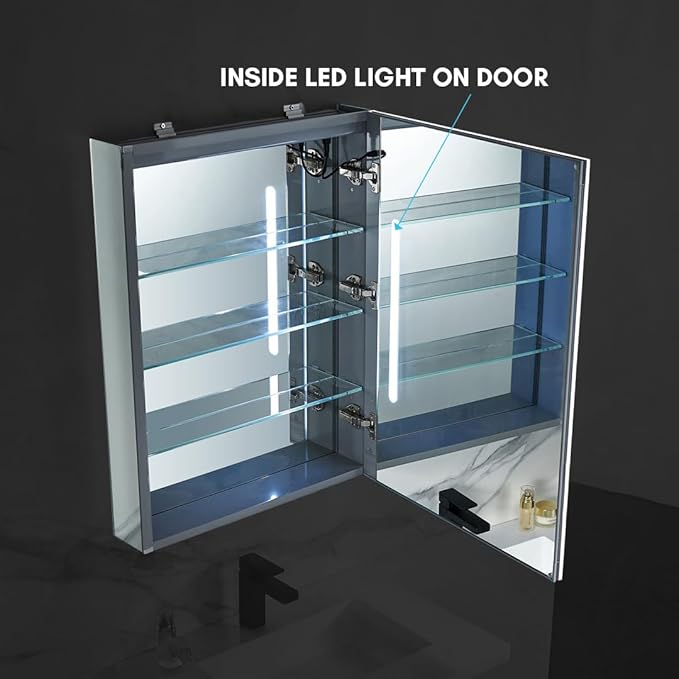 Blossom LED Lighted Mirror Medicine Cabinet, 24x32 Inch, Right Hinge | Wall Mounted Recessed or Surface Bathroom LED Medicine Cabinet with Mirror, Makeup Mirror with Lights | Defogger, 3 Color Dimmer