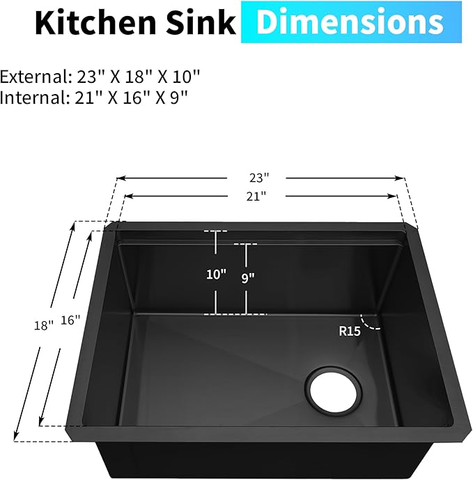 Black Undermount Kitchen Sink,16 Gauge Stainless Steel Sinks,Single Bowl Workstation Sink,Modern Kitchen Sink Offset Drain (23" X 18")