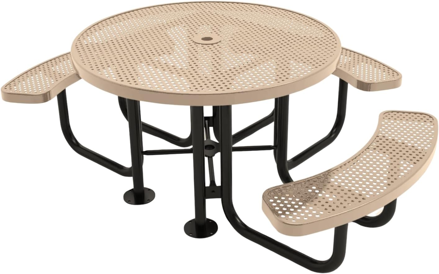Heavy-Duty Portable Outdoor Picnic Table with Umbrella Hole, Punched Steel Patio Dining Furniture Made in America (46" Round Top, Tan)