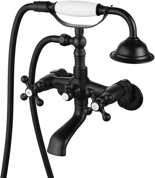gotonovo Clawfoot Bathtub Faucet Tub Filler with Hand Held Shower Faucet Set Victorian Double Cross Handle 6 Inch Center Adjustable Swing Arms Tub Mount Short Adapter Matte Black