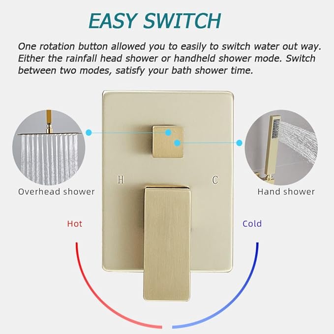 16 Inch Ceiling Mount Brushed Gold Shower System Bathroom Luxury Rain Mixer Shower Combo Set Ceiling Rainfall Shower Head System (Contain Shower Faucet Rough-in Valve Body and Trim)