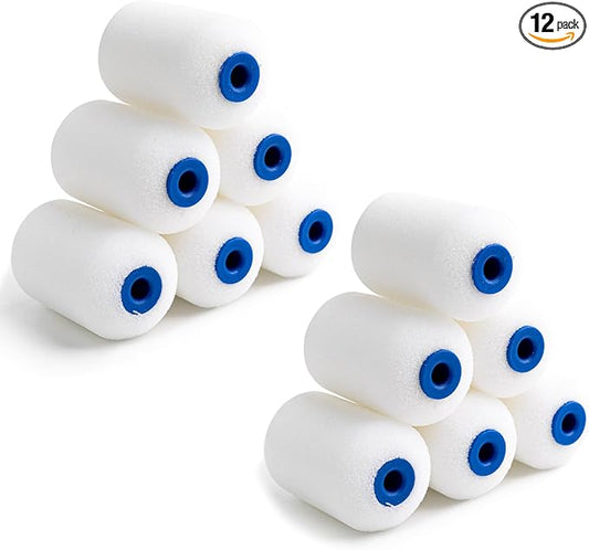 Mister Rui 2 Inch Foam Paint Roller Covers, 12 Pack, Small Paint Roller Refills 2 Inch, Mini Piant Rollers for Trim or Corner, High Density Sponge Roller