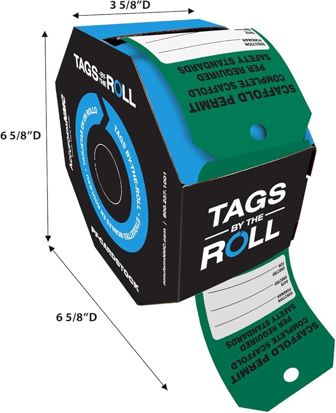 250 Scaffolding Tags by-The-Roll, Scaffold Permit - Complete Scaffold, US Made OSHA Compliant Scaffold Tags, Waterproof PF-Cardstock, Resists Tears, 6.25"x3", TAR733