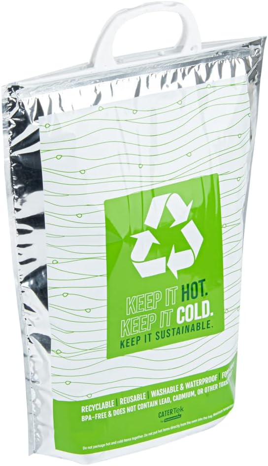 Restaurantware Cater Tek 11.8 x 5.9 x 15 Inch Hot And Cold Bags 10 Triple Layer Insulated Bags - Snap Lock Handles Waterproof Green & Silver Plastic Thermal Lunch Bags For Frozen & Hot Items
