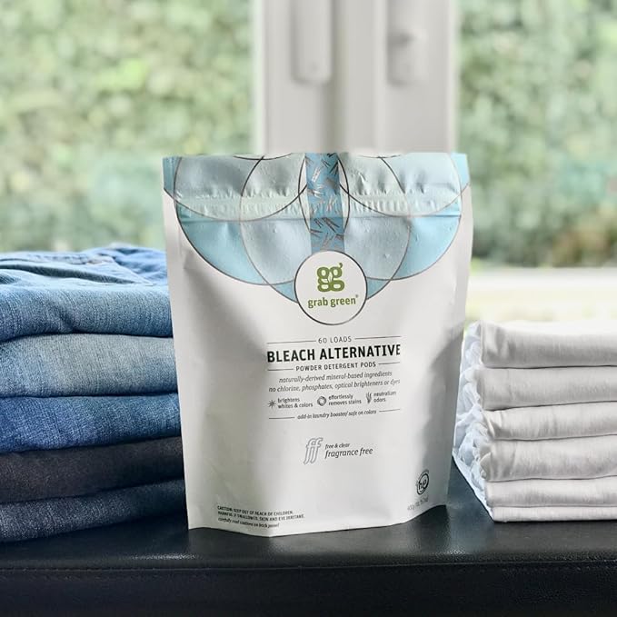 Grab Green Bleach Alternative Pods, 24 Count, Chlorine Free, Fragrance Free, Plant and Mineral Based, Laundry Booster to Brighten Whites, Removes Stains, Neutralizes Odors