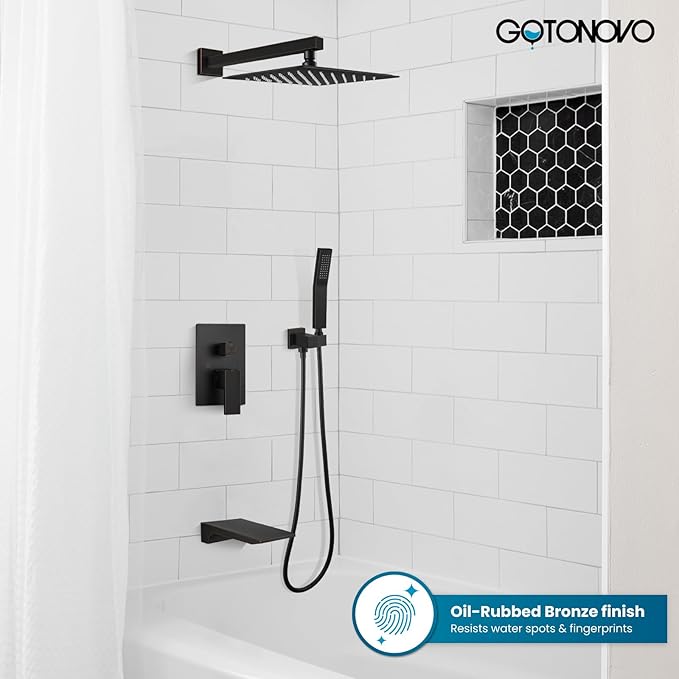 gotonovo Shower System with Tub Spout,Waterfall Tub Shower Faucet Set for Bathroom Head and Handle Set Wall Mounted 3 Function Rough-in Valve and Trim Included 10 inch Shower Head Oil Rubbed Bronze