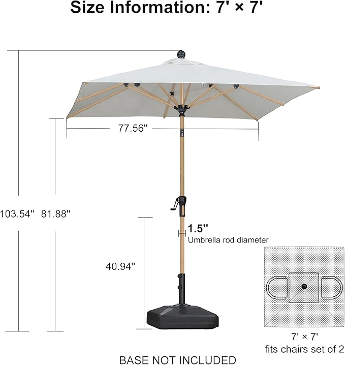 PURPLE LEAF 6.5' x 6.5' Square Patio Umbrella Market Umbrella Aluminum Outdoor Table Umbrella with Push Button Tilt & 8 Sturdy Ribs and Crank Commercial Sun Umbrella for Pool Backyard Deck, Cream