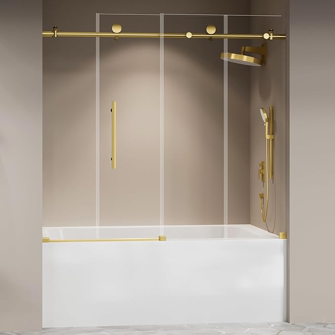 Frameless Bathtub Shower Door 56"-60" W X 59" H,Glass Shower Doors for Tub,Sliding Bathroom Tub Glass Door with Explosion-Proof Film,5/16" (8mm) Clear Tempered Glass,Stainless Steel Frame,Sturdy,Gold