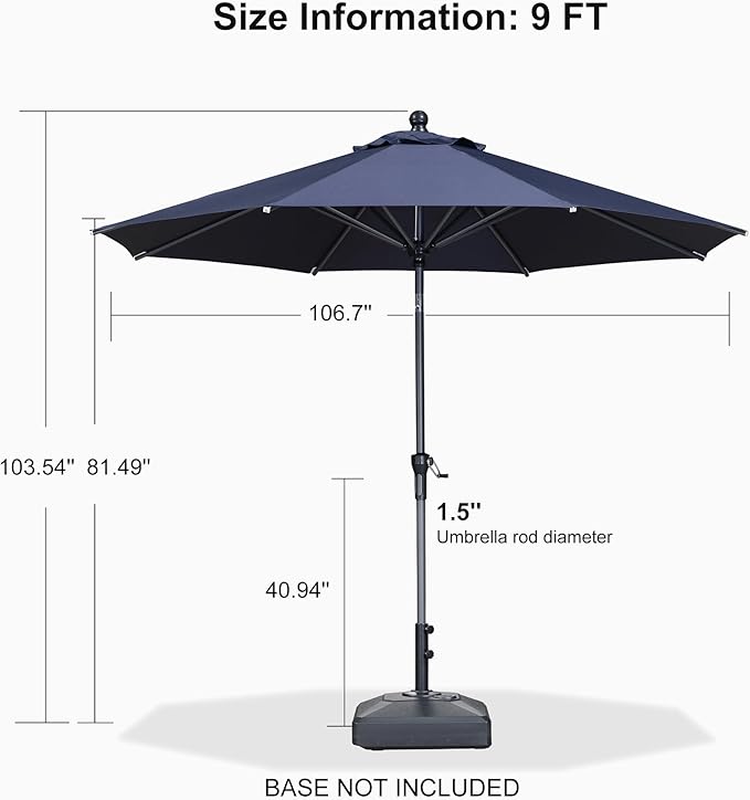 PURPLE LEAF 9' Round Patio Umbrella Outdoor Table Umbrella Aluminum Frame Market Umbrella Sun Umbrella with 8 Sturdy Ribs Tilt for Garden Deck Lawn Pool Navy Blue