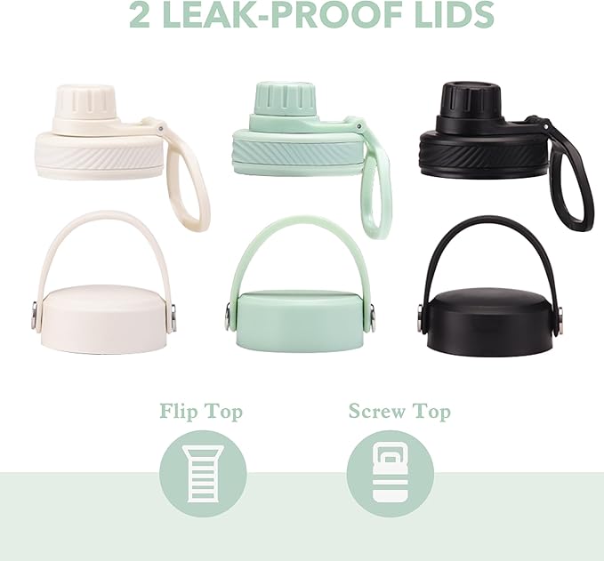 Black 32 OZ Insulated Water Bottle, Large Metal Stainless Steel Water Flask, Big Sports Travel Water Bottle with 2 Lids, Insulated Thermos Thermal Mug Cup