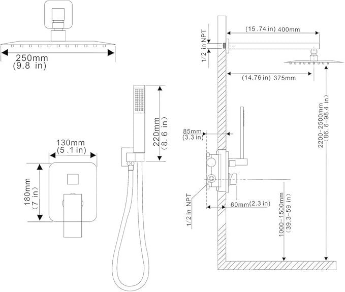Brushed Nickel Shower System YCAIKOI Wall Mount Shower Faucet Set for Bathroom 10 Inch High Pressure Luxury Shower Head with Handheld, Rough-in Valve Body and Trim Included