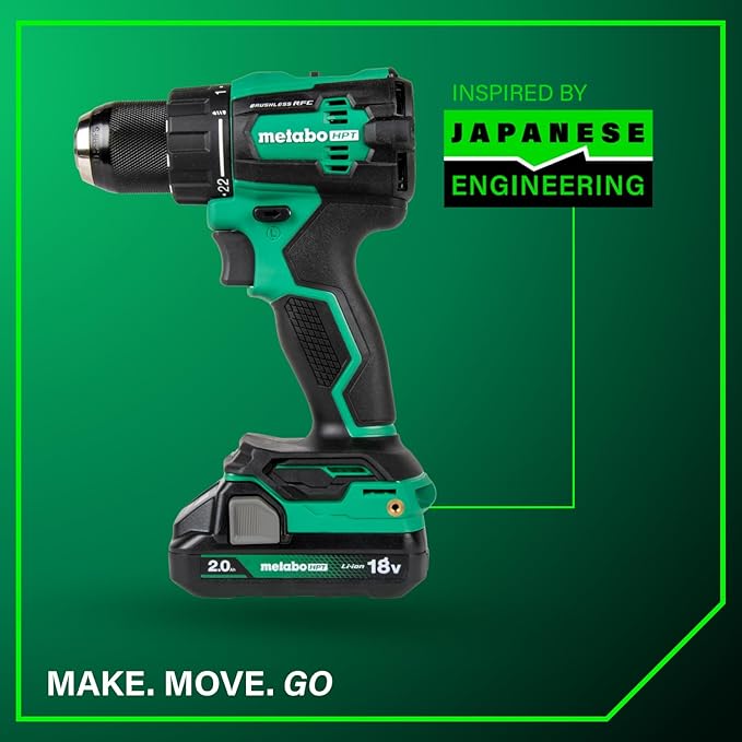 Metabo HPT 18V MultiVolt 1/2" Cordless Brushless Driver Drill Kit, High Power Drill Set with Bag, 2 Lithium-Ion Metabo Batteries and Charger, Compact Lightweight Power Driver, DS18DEX