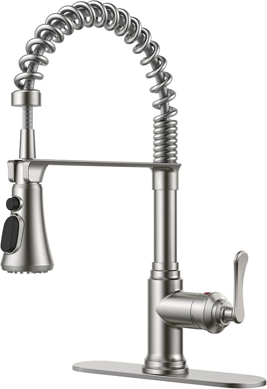 FORIOUS Rustic Kitchen Faucet with Pull Down Sprayer Brushed Nickel, 3 Modes Stainless Steel High Arc Vintage Spring Sink Faucet 1 or 3 Holes for Pot Filler, Farmhouse Camper Wet Bar