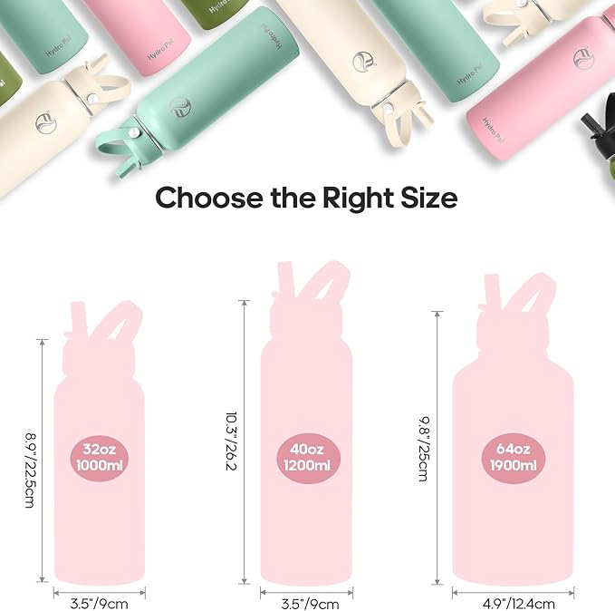 HydroPal Insulated Water Bottles 40 oz with 2 Leak Proof Lids & Water Bottle Holder, Wide Mouth Sport Water Bottle with Straw, Reusable Stainless Steel Water Flask, Double Walled Vacuum Thermos