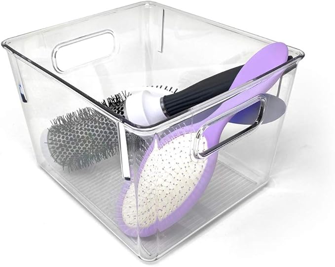 Isaac Jacobs 3-Pack Medium Clear Storage Bins with Handles, Plastic Organizer for Home or Fridge/Freezer, Pantry and Kitchen Non-Slip Container Set, BPA Free, Food Safe (3-Pack, Medium)