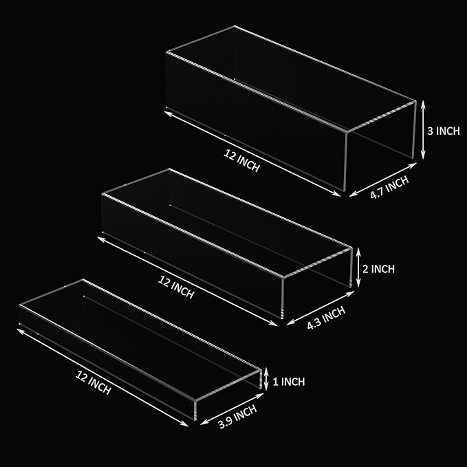 Rectangular Acrylic Display Risers Stands 3pcs, Dessert Table Display Rack, Clear Display Shelf for Funko Pop, Collectibles, Retails, Shoes, Glasses, Plants, Home Decors, Perfume - 12-1'', 2'', 3''