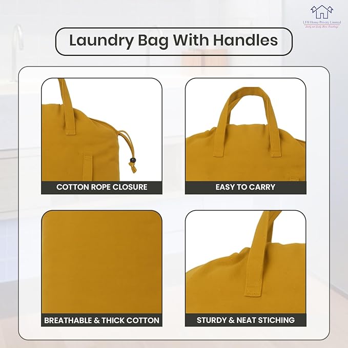 LFH Home Cotton Canvas Large Laundry Bag with Handle, Heavy Duty Drawstring Closure Washable Laundry Bags, School Travel, Home, Hotel, College Dorm, Organizer Sack, Toys Clothes 24x36-Yellow