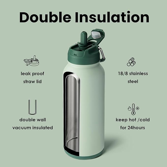BOTTLE BOTTLE 32oz Insulated Water Bottle Stainless Steel Sport Water Bottle with Straw Dual-use Lid Design for Gym with Pill Box (green)