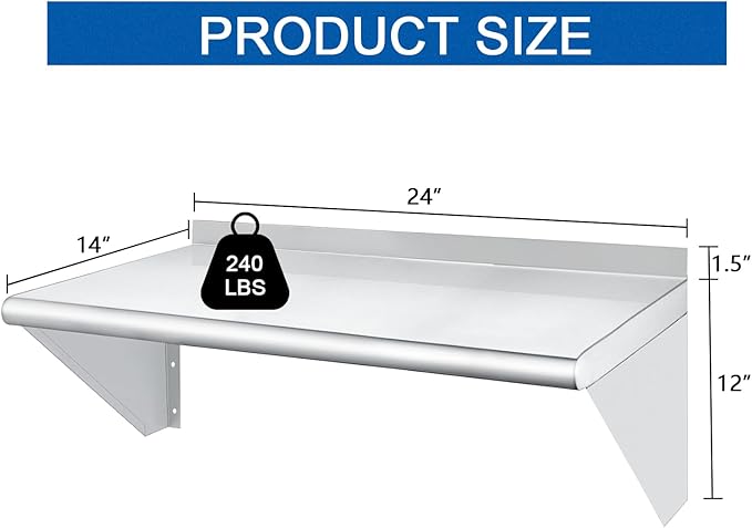 HARDURA Stainless Steel Shelf 14" x 24", 240lb Commercial Shelves Wall Mount Metal Shelving with Backsplash and Brackets for Kitchen, Restaurant, Laundry Room and Home