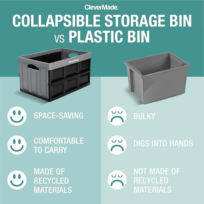 CleverMade Collapsible Storage Bins - Obsidian 3 Pack 62L - Stackable Containers Heavy Duty Capacity Folding Crates - Space-Saving for Home