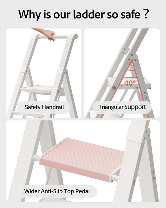 5 Step Ladder, Lightweight Folding Step Stool with Convenient Handgrip,Aluminum 330lbs Capacity Step Ladder for Office,Household,Kitchen(White)