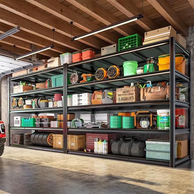 59.8" W x 72.2" H x 24.2" D Metal Storage Shelves, 3000LBS Garage Shelving Unit with Adjustable Shelf, 5 Tier Storage Rack for Garage, Pantry, Warehouse, Basement, Black, 2 Pack
