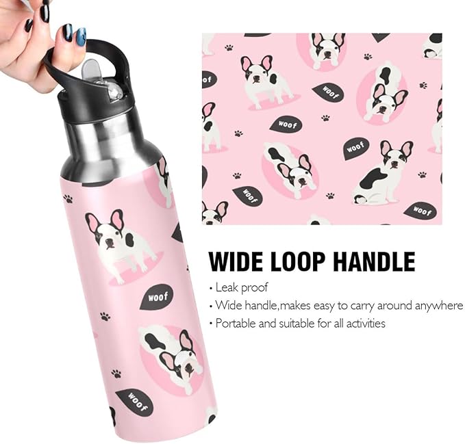 ALAZA Cute French Bulldog Puppy Dog Water Bottle With Straw Lids Boys Girls,Vacuum Insulated Leakproof Stainless-Steel Sports Bottle Thermal Flask For Gym Yoga Camping,20Oz (600Ml)