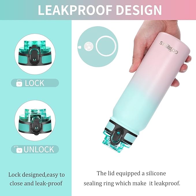 GOPPUS 20 oz Kids Water Bottle with Straw Wide Mouth Lid Leak Proof Double Walled Insulated Stainless Steel Water Bottles with Strap Handle for Boys Girls School (Green Pink 1 Lid)