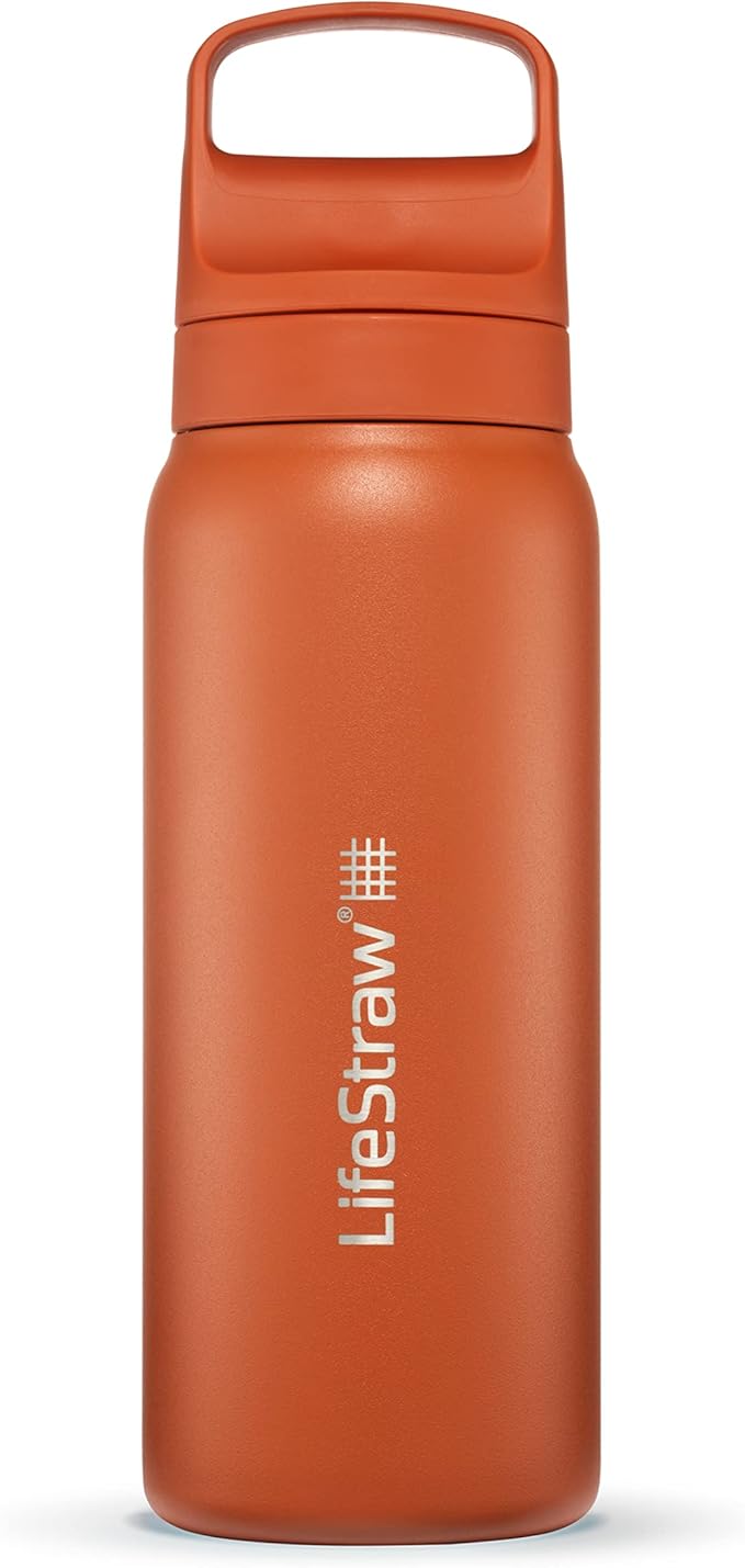LifeStraw Go Series – Insulated Stainless Steel Water Filter Bottle for Travel and Everyday use removes Bacteria, parasites and microplastics, Improves Taste, 24oz Kyoto Orange